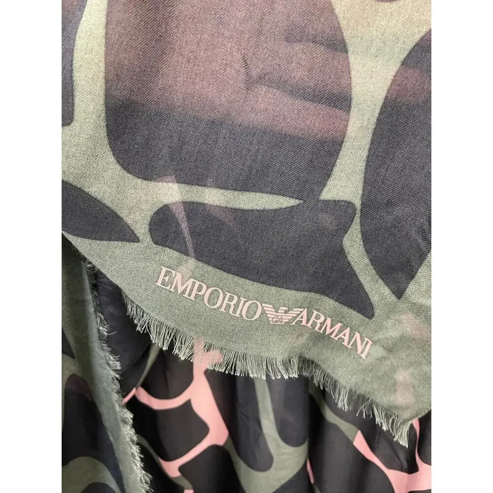 Emporio Armani Abstract Giraffe/Camouflage Print Fringed Scarf Pink/Green/Black
